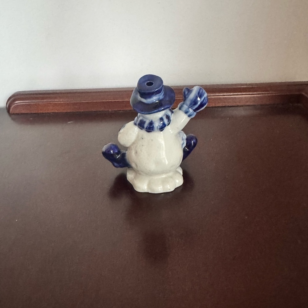 Ceramic Snowman Ornament Figurine Winter Christmas Decoration Blue and White - Picture 2 of 5